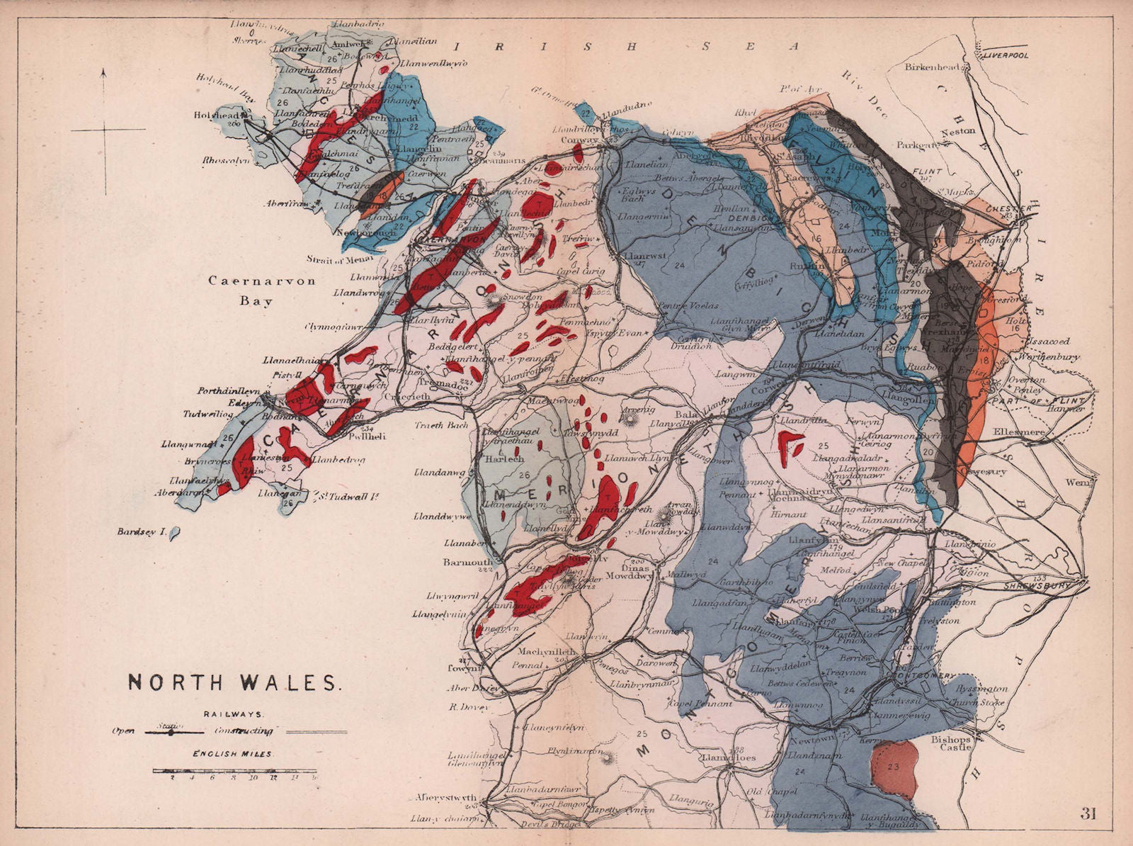 NORTH WALES antique geological map by James Reynolds 1864